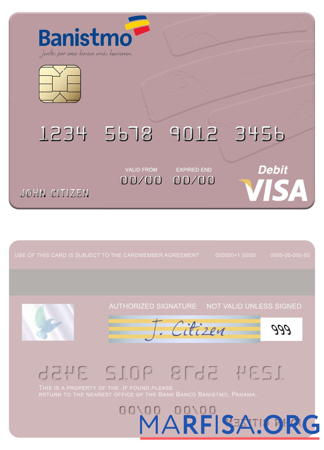 Printable Panama Banco Banistmo visa debit card example